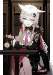 Rule 34 | 1girl, absurdres, animal ears, arknights, black gloves, black jacket, crossed legs, gloves, grey eyes, grey hair, hair between eyes, hair ornament, hairclip, high-waist skirt, highres, jacket, lappland (arknights), lappland the decadenza (arknights), long hair, long sleeves, looking at viewer, necktie, nishimiya aki, parted lips, scar, scar across eye, scar on face, shirt, sitting, skirt, smile, solo, watch, white shirt, wolf ears