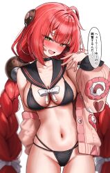 1girl absurdres bikini black_bikini black_choker blush braid breasts cardigan choker cleavage green_tea_(matchaistasty) hair_ornament highres large_breasts low_twin_braids navel open_mouth pink_cardigan red_hair sailor_collar simple_background solo speech_bubble stomach swimsuit translation_request twin_braids ukinami_yuzuha white_background yellow_eyes zenless_zone_zero