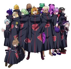 a-chan_(hololive) akatsuki_uniform alternate_costume anchor_symbol apple beaded_hair_ornament blonde_hair blue_hair brown_hair ceres_fauna circle_formation commentary_request demon_horns double_bun dragon_horns dragon_tail facing_viewer feather_hair_ornament feathers flower food fruit gawr_gura golden_apple green_hair grey_hair hair_branch hair_bun hair_flower hair_ornament hair_ribbon hat highres hitomi_chris hololive hololive_english horns kiryu_coco maid_headdress mano_aloe minato_aqua multiple_girls murasaki_shion nanashi_mumei naruto_(series) naruto_shippuuden one_eye_closed orange_hair purple_hair ribbon sakamata_chloe short_twintails sitting sketching standing tail takada_sekiyu_(kabu) tsukumo_sana twintails virtual_youtuber w watson_amelia waving white_background white_hair witch_hat yozora_mel