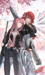 Rule 34 | 2girls, absurdres, angel, arknights, black boots, black dress, boots, breasts, cherry blossoms, chinese commentary, commentary request, detached wings, dress, exusiai (arknights), exusiai the new covenant (arknights), gun, hair over one eye, halo, highres, holding, holding weapon, lemuen (arknights), multiple girls, orange eyes, pink hair, red hair, rifle, siblings, side ponytail, sisters, smile, weapon, wheelchair, white dress, wings, xiaoraini