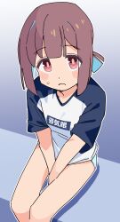 1girl bare_legs between_legs blue_hair blue_panties blunt_bangs blush_stickers brown_eyes brown_hair commentary dot_nose eyes_visible_through_hair frown hand_between_legs highres hozuki_momiji looking_at_viewer multicolored_hair no_pants noyama_takenoko official_alternate_costume onii-chan_wa_oshimai! panties ponytail raglan_sleeves short_hair short_ponytail short_sleeves sitting solo sweatdrop two-tone_hair underwear v_arms