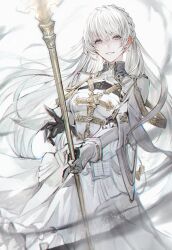 1girl aiguillette belt belt_pouch black_gloves braid buttons collared_dress cowboy_shot crown_braid double-breasted dress gauntlets gloves grey_eyes highres holding holding_staff long_hair long_sleeves looking_at_viewer parted_lips pouch senano-yu simple_background smile solo staff standing the_diofield_chronicle waltaquin_redditch white_background white_belt white_dress white_hair
