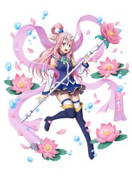Rule 34 | 1girl, aqua (konosuba) (cosplay), blue shirt, blue skirt, boots, cosplay, detached sleeves, dress shirt, flower, full body, highres, holding, holding staff, horns, layered skirt, long hair, long sleeves, lotus, miniskirt, official art, oni, pink hair, pleated skirt, shirt, shuna (tensura), skirt, sleeveless, sleeveless shirt, staff, thigh boots, white horns