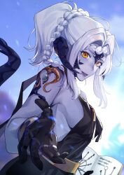 Rule 34 | 1girl, au ra, black dress, black gloves, black horns, black scales, blue skin, braid, breasts, colored skin, cowboy shot, dress, final fantasy, final fantasy xiv, gloves, grey hair, hair intakes, highres, horns, long hair, looking at viewer, morisenlin, parted lips, ponytail, reaching, reaching towards viewer, scales, sideboob, sidelocks, solo, yellow eyes