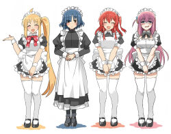 4girls ahoge apron black_bow black_bowtie blonde_hair blue_eyes blue_hair bocchi_the_rock! bow bowtie breasts brown_eyes closed_eyes cube_hair_ornament dora_v_nu dress expressionless eyes_visible_through_hair gotoh_hitori hair_ornament hair_over_one_eye hairclip highres ijichi_nijika juliet_sleeves kita_ikuyo long_dress long_sleeves maid maid_apron maid_headdress medium_breasts mole mole_under_eye multiple_girls one_side_up open_mouth pink_hair puffy_short_sleeves puffy_sleeves red_hair shaded_face short_dress short_sleeves side_ponytail small_breasts smile sweat thighhighs white_thighhighs wrist_cuffs yamada_ryo zettai_ryouiki