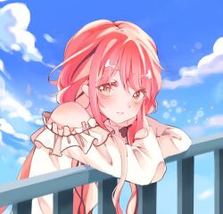 1girl artist_request bare_shoulders black_bow black_ribbon blue_sky bow brown_eyes chinese_commentary closed_mouth cloud commentary_request dot_nose eyelashes frilled_shirt frills hair_bow hair_over_shoulder hair_ribbon happy highres infinity_nikki light_blush light_particles light_smile lips long_hair long_sidelocks long_sleeves low_twintails nikki_(nikki) nikki_(series) off-shoulder_shirt off_shoulder perfect_start_(infinity_nikki) petals pink_hair puffy_long_sleeves puffy_sleeves railing ribbon second-party_source shirt sidelocks sky solo star_(symbol) swept_bangs tress_ribbon twintails upper_body very_long_hair wavy_hair white_shirt