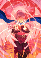 1girl alt_text belt bird blue_scarf closed_eyes feathers fire_emblem fire_emblem:_radiant_dawn heron highres long_hair long_scarf micaiah_(fire_emblem) nintendo scarf serennesart solo