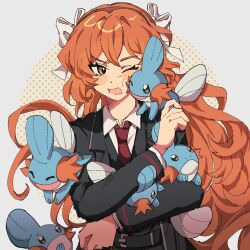 1girl brown_hairband creature creature_on_shoulder freckles hairband highres holding holding_creature ishmael_(project_moon) limbus_company long_hair long_sleeves nintendo on_shoulder one_eye_closed open_mouth orange_hair pokemon pokemon_(creature) project_moon qiluge upper_body yellow_eyes