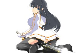 1girl absurdres ass black_hair blue_eyes breasts gloves highres ikaruga_(senran_kagura) katana kneeling long_hair pee peeing school_uniform senran_kagura sword torn_clothes watterywinter weapon