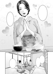 1boy 2girls blank_speech_bubble blush bowl breasts chopsticks comic cushion floral_print food gonza greyscale heart highres indoors japanese_clothes kimono large_breasts looking_at_viewer monochrome multiple_girls obi open_mouth original own_hands_together palms_together rice_bowl sash seiza short_hair shouji sitting sliding_doors smile speech_bubble steam table tatami tray zabuton