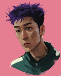 Rule 34 | 1boy, black eyes, choi soo-bong, closed mouth, commentary, cropped shoulders, ear piercing, green track suit, highres, male focus, piercing, pink background, portrait, purple hair, sam yang, short hair, simple background, solo, squid game, track suit
