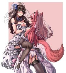 2girls alternate_costume animal_ears ass blue_eyes blush bow breasts bridal_veil brown_hair ceri_(sakura_dungeon) cleavage commission commissioner_upload cottonswab336 dress female_focus fox_ears fox_tail garter_straps hair_bow highres lifting_person multiple_girls non-web_source panties pink_hair sakura_dungeon see-through_clothes see-through_veil sweat tail thighhighs underwear veil wedding_dress white_panties wife_and_wife yomi_(sakura_dungeon) yuri
