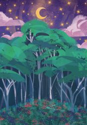 Rule 34 | artist name, cloud, commentary, crescent moon, english commentary, forest, moon, nature, night, night sky, no humans, original, outdoors, scenery, signature, sky, star (sky), tree, zandra
