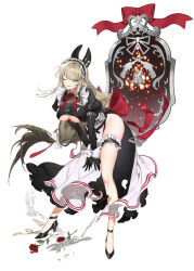 Rule 34 | 1girl, absurdres, alternate costume, animal ears, apron, bent over, black dress, black gloves, black shoes, blonde hair, blue eyes, breasts, closers, clothing cutout, dog ears, dress, enmaided, fake animal ears, frilled dress, frilled thigh strap, frills, gloves, gradient hair, harpy (closers), high heels, highres, juliet sleeves, large breasts, long hair, long sleeves, looking at viewer, maid, maid apron, maid headdress, multicolored hair, official art, one eye closed, open mouth, puffy sleeves, shoes, side slit, simple background, smile, solo, thigh strap, thighs, underboob, underboob cutout, very long hair, waist apron, white background