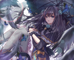 Rule 34 | 1girl, arcaea, arm cutout, black bow, black bowtie, black capelet, black feathers, black hair, black ribbon, black skirt, black umbrella, blue butterfly, blue corset, blue flower, blue rose, blush, bow, bowtie, bug, butterfly, capelet, center frills, commentary, corset, english commentary, falling feathers, feathers, feet out of frame, flower, frills, grey eyes, grey pantyhose, hair between eyes, hair flower, hair ornament, hair ribbon, highres, holding, holding umbrella, insect, lens flare, long sleeves, mixed-language commentary, pantyhose, parasol, parted lips, petticoat, pleated capelet, ribbon, rose, sakura t, shirt, sitting, skirt, solo, tairitsu (arcaea), tairitsu (grievous lady) (arcaea), umbrella, white shirt