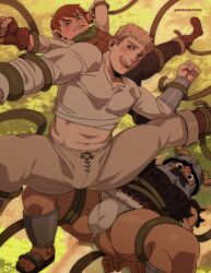 3boys bara beard black_hair black_pants blonde_hair blush boots bound bound_legs bound_wrists brown_gloves brown_hair brown_pants bulge burankoprn chilchuck_tims clenched_teeth dungeon_meshi facial_hair fake_horns fingerless_gloves fundoshi gloves helmet highres horned_helmet horns japanese_clothes laios_touden large_pectorals looking_at_viewer male_focus multiple_boys muscular muscular_male navel open_mouth paid_reward_available pants pectorals restrained senshi_(dungeon_meshi) shirt short_hair smile teeth tentacles twitter_username white_shirt yaoi
