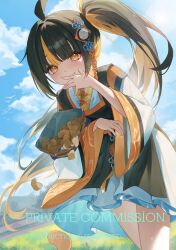 1girl absurdres ahoge architecture black_hair black_hanbok blue_sky blush chips_(food) closed_mouth cloud cloudy_sky commission cowboy_shot day dress east_asian_architecture fingernails floating_clothes floating_hair flower_knot food grass hair_knot hair_ornament hanbok hand_on_own_face hand_up highres jw_(wrdawrda) korean_clothes long_sleeves looking_at_viewer mountain multicolored_hair orange_eyes orange_hair original outdoors package petals scenery side_ponytail sky smile solo standing tree two-tone_hair white_dress wide_sleeves