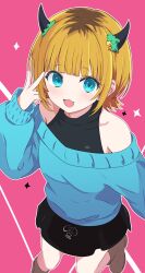 1girl absurdres black_skirt blonde_hair blue_eyes blue_sweater blush bob_cut boots brown_boots demon_horns fake_horns highres horns inverted_bob memcho multicolored_hair off-shoulder_sweater off_shoulder open_mouth oshi_no_ko pink_background ruushe0416 shirt short_hair skirt smile solo star_(symbol) sweater v