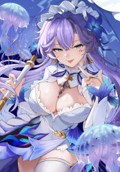 1girl absurdres blue_eyes blue_flower breasts cantarella_(wuthering_waves) commentary dress earrings facial_mark fingernails flower hair_between_eyes hair_flower hair_ornament hand_up headdress highres holding holding_umbrella jellyfish jewelry large_breasts long_hair mark_under_eye mole mole_under_eye nail_polish parasol purple_hair purple_nails rosa617 shrug_(clothing) solo thighhighs thighs umbrella very_long_hair white_dress white_shrug white_thighhighs wuthering_waves