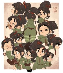 1girl artist_name black_hair border brown_eyes button_nose closed_mouth green_hoodie half-closed_eyes heart heart-shaped_pupils highres hood hoodie long_sleeves mr.psina multiple_views parted_bangs pleated_skirt ponytail skirt smile solo_focus symbol-shaped_pupils thick_eyebrows tongue tongue_out vanellope_von_schweetz white_border wreck-it_ralph