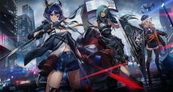 3girls animal_ears arknights ball_and_chain_(weapon) black_legwear black_shirt blonde_hair blouse blue_hair boots car ch&#039;en_(arknights) city clothes_around_waist dragon_horns dragon_tail drill_hair drill_sidelocks drone dual_wielding dutch_angle fingerless_gloves ford_crown_victoria ford_crown_victoria_(2nd_generation) gloves green_hair hair_over_one_eye hat holding holding_sword holding_weapon horns hoshiguma_(arknights) jacket katana knee_pads long_hair looking_at_viewer motor_vehicle motorcycle multiple_girls necktie open_clothes open_jacket outdoors police_car red_eyes shirt shorts sidelocks single_horn skin-covered_horns sleeveless sleeveless_shirt standing swav swire_(arknights) sword tail thighhighs thighs tiger_ears twin_drills weapon white_shirt yellow_eyes