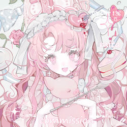 1girl absurdres cake commentary_request cross earrings english_text fang flower food fork fruit gloves hair_ornament heart highres holding jewelry long_hair looking_at_viewer open_mouth original pink_eyes pink_flower pink_hair pink_rose pink_theme rose shi_mita smile solo stuffed_animal stuffed_rabbit stuffed_toy upper_body