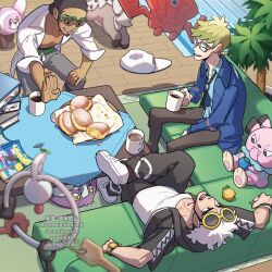 3boys absurdres blurry coat coffee commentary_request couch creatures_(company) cup dark-skinned_male dark_skin depth_of_field facial_hair food game_freak gen_2_pokemon gen_4_pokemon gen_6_pokemon gen_7_pokemon goatee grey_pants guzma_(pokemon) highres holding holding_cup jewelry klefki kukui_(pokemon) magazine_(object) male_focus molayne_(pokemon) mug mugiccha2 multiple_boys nintendo open_clothes open_coat pants plant pokemon pokemon_(anime) pokemon_sm_(anime) potted_plant ring rockruff rotom rotom_dex sitting snubbull stufful sunglasses table white_coat wimpod wooden_floor