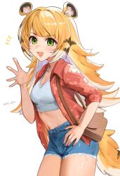 1girl :3 absurdres animal_ear_fluff animal_ears artist_name bag blonde_hair blue_shorts blunt_bangs blush breasts cleavage colored_inner_hair commentary cowboy_shot crop_top cutoffs denim denim_shorts elfe_art english_commentary fang floral_print floral_print_shirt gradient_hair green_eyes hawaiian_shirt highres ju_fufu long_hair looking_at_viewer medium_breasts midriff multicolored_hair navel notice_lines open_clothes open_mouth open_shirt red_shirt shirt short_shorts shorts shoulder_bag simple_background skin_fang sleeves_rolled_up smile solo sparkling_eyes standing streaked_hair tail tiger_ears tiger_girl tiger_tail very_long_hair waving white_background white_hair white_shirt zenless_zone_zero