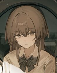 1girl blue_bow blue_bowtie bow bowtie brown_eyes brown_hair closed_mouth collared_shirt commentary_request hair_between_eyes highres light_smile long_hair looking_at_viewer original portrait shirt solo tamitami white_shirt