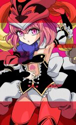 1girl absurdres anzu_yoshihiro arm_up center_opening eyelashes hair_between_eyes hat highres leotard long_hair mawaru_penguindrum parted_lips penguin_hat pink_eyes princess_of_the_crystal puff_and_slash_sleeves puffy_sleeves short_hair showgirl_skirt solo thighhighs
