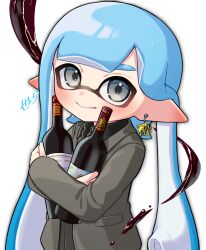 1girl amakusa_setoka blue_hair blush bottle closed_mouth coat commentary_request earrings grey_coat grey_eyes highres holding holding_bottle inkling inkling_girl inkling_player_character jewelry long_hair looking_at_viewer nintendo pointy_ears smile solo splatoon_(series) splatoon_3 tentacle_hair wine_bottle