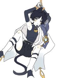 Rule 34 | 1boy, 6seox gb, animal ears, armpits, arms up, belt, black belt, black bodysuit, black bow, black bridal gauntlets, black hair, black leggings, black shorts, blue cape, blue gemstone, blunt ends, blush, bodysuit, bound, bound wrists, bow, bridal gauntlets, cape, cat boy, cat ears, cat tail, clenched hands, covered collarbone, feathers, furisode, gem, genshin impact, grey eyes, highres, japanese clothes, kimono, knees up, leg warmers, leggings, male focus, mandarin collar, open clothes, open kimono, parted lips, pom pom (clothes), rope, scaramouche (genshin impact), shorts, solo, steaming body, sweat, tail, tearing up, vision (genshin impact), wanderer (genshin impact), white background, white kimono, white leg warmers, white mouth, yellow feathers