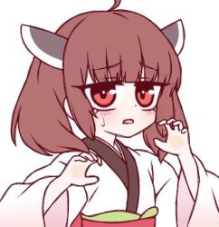 1girl ahoge blush brown_hair commentary headgear japanese_clothes ketsumaimo kimono looking_at_viewer lowres medium_hair open_mouth red_eyes simple_background solo touhoku_kiritan upper_body voiceroid white_background white_kimono