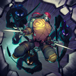 4boys breaking colored_skin commentary donatello_(tmnt) english_commentary fangs fingerless_gloves frown furry furry_male gloves glowing glowing_eyes green_scales green_skin highres holding holding_weapon katana leonardo_(tmnt) male_focus mask michelangelo_(tmnt) mouth_mask multiple_boys ninja ninja_mask nunchaku raphael_(tmnt) reptile_boy sai_(weapon) scales sharp_teeth sword teenage_mutant_ninja_turtles teeth turtle turtle_boy vonstrous weapon western_comics_(style)