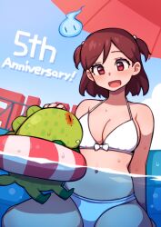 1girl :d anniversary aoba_misaki bare_shoulders bikini blue_sky blush breasts brown_hair chupacabra cloud cloudy_sky dot_nose eyelashes full_body hair_between_eyes hair_ornament idolmaster idolmaster_million_live! idolmaster_million_live!_theater_days innertube kwaejina large_breasts looking_at_another looking_down navel open_mouth parted_bangs partially_submerged pool red_eyes ribbon-trimmed_swimsuit ribbon_trim short_hair sitting sky smile swim_ring swimsuit two_side_up wariza water water_drop white_bikini