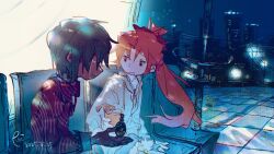 anelectron00 backlighting bench blue_hair blue_sky bow can canned_food city_lights cityscape crying hair_bow hair_over_one_eye highres long_hair looking_at_another mahou_shoujo_madoka_magica miki_sayaka night ponytail power_lines pringles_can red_bow red_hair sakura_kyoko short_hair sitting sky soul_gem tears