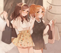 2girls ahoge alternate_costume axis_powers_hetalia bag bare_shoulders black_bag black_dress blush brown_hair closed_mouth collarbone commentary_request cowboy_shot dress earrings fingernails floral_print flower_earrings genderswap genderswap_(mtf) hairband hands_up high-waist_skirt high_ponytail highres holding holding_bag jewelry long_hair looking_at_viewer multiple_girls necklace ninonuko northern_italy_(female)_(hetalia) northern_italy_(hetalia) orange_hair outdoors parted_bangs pearl_necklace pink_bag ponytail shirt short_sleeves siblings sidelocks sisters skirt sleeveless sleeveless_dress southern_italy_(female)_(hetalia) southern_italy_(hetalia) standing t-shirt twins v-shaped_eyebrows wavy_hair white_bag white_shirt window yellow_eyes yellow_hairband yellow_skirt