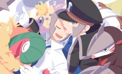 2boys archeops black_coat black_hat blue_necktie brothers closed_eyes coat collared_shirt commentary_request drooling emmet_(pokemon) excadrill galvantula gen_5_pokemon gloves grey_eyes grey_hair hat ingo_(pokemon) joltik korean_commentary male_focus mouth_drool multiple_boys necktie nintendo open_mouth peaked_cap pokemon pokemon_(creature) pokemon_bw seku_000 shirt short_hair siblings sideburns sleeping white_gloves white_shirt zzz