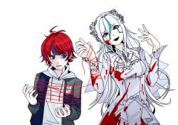 1boy 1girl ahoge alternate_costume bdsm blood blood_on_clothes blood_splatter blue_hair bondage bound dress hetero highres open_mouth purple_eyes red_eyes red_hair red_string simple_background string sumino_takumi the_hundred_line_-last_defense_academy- v&#039;ehxness wedding_dress white_background white_hair
