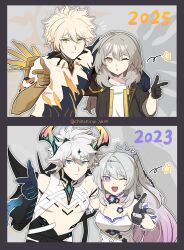 2023 2025 2boys 2girls ;o absurdres alternate_form before_and_after black_coat black_hands blue_eyes breasts coat colored_extremities commentary_request company_connection cracked_skin diabolic_kevin_(honkai_impact) dress finger_gun flower_ornament gold_hands highres hino_satoshi honkai:_star_rail honkai_(series) honkai_impact_3rd horns kevin_kaslana kiana_kaslana kiana_kaslana_(herrscher_of_finality) korean_commentary long_hair medium_breasts medium_hair multiple_boys multiple_girls one_eye_closed ooyun phainon_(honkai:_star_rail) ponytail shirt short_hair stelle_(honkai:_star_rail) trailblazer_(honkai:_star_rail) twitter_username voice_actor_connection white_dress white_hair white_shirt