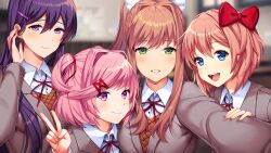 4girls :d blazer blue_eyes blurry blurry_background blush bow breasts brown_hair brown_sweater_vest button_gap classroom closed_mouth collared_shirt commentary doki_doki_literature_club doki_doki_literature_club_plus doki_doki_literature_club_school_uniform dot_nose double-parted_bangs dress_shirt embarrassed english_commentary eyebrows_hidden_by_hair fingernails game_cg green_eyes grey_jacket grin group_picture hair_bow hair_intakes hair_ornament hair_ribbon hairclip half-closed_eyes hand_in_own_hair hand_on_another&#039;s_arm high_ponytail highres holding_another&#039;s_arm impossible_clothes jacket large_bow large_breasts leaning_forward leaning_on_person long_eyelashes long_hair long_sidelocks long_sleeves looking_at_viewer lucidsky medium_breasts monika_(doki_doki_literature_club) multiple_girls natsuki_(doki_doki_literature_club) neck_ribbon non-web_source official_art open_mouth outstretched_arm parted_bangs parted_hair pink_eyes pink_hair ponytail portrait purple_eyes purple_hair raised_eyebrows raised_inner_eyebrows red_bow red_ribbon ribbon satchely sayori_(doki_doki_literature_club) school school_uniform selfie shirt short_hair shy side-by-side sidelocks smile squchan sweater_vest swept_bangs teeth thick_eyebrows two_side_up upper_body upper_teeth_only v v-neck wavy_hair white_bow white_shirt wing_collar x_hair_ornament yuri_(doki_doki_literature_club)