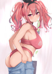 1girl absurdres adjusting_clothes ana_(vvvvor) ass azur_lane bare_shoulders black_choker black_ribbon blush bra breasts bremerton_(azur_lane) choker closed_mouth commentary_request cowboy_shot dressing grey_hair hair_between_eyes hair_ornament hair_ribbon highleg highleg_panties highres inconvenient_ass indoors large_breasts long_hair looking_at_viewer mole mole_under_eye multicolored_hair navel_piercing panties piercing pink_bra pink_eyes pink_hair pink_panties ribbon sidelocks solo standing streaked_hair sweat twintails two-tone_hair underwear window