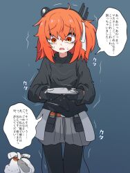 adachi_rei android bags_under_eyes belt black_gloves black_leggings black_shirt broken_plate cable commentary_request crying crying_with_eyes_open gloves headlamp headset highres holding holding_plate leggings molmax0710 motion_lines orange_belt orange_eyes orange_hair plate radio_antenna ribbon robot_girl scared shirt side_ponytail simple_background sound_effects speech_bubble streaming_tears sweat tears translation_request trembling utau white_ribbon