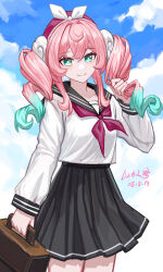 1girl absurdres alternate_costume aqua_eyes aqua_hair black_skirt blue_sky breasts briefcase cloud commentary_request dated hat highres holding holding_briefcase honkai:_star_rail honkai_(series) hyacine_(honkai:_star_rail) looking_at_viewer medium_hair neckerchief pink_hair pleated_skirt red_hat red_neckerchief school_uniform serafuku skirt sky small_breasts smile solo thighs white_serafuku yitai_zhi_meng