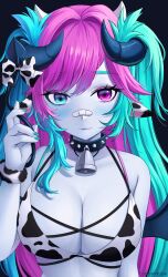Rule 34 | 1girl, absurdres, animal ears, animal print, artist name, bandaid, bandaid on face, bandaid on nose, bell, bikini, black horns, blue eyes, blue hair, blush, bow, breasts, cleavage, closed mouth, collar, collarbone, colored skin, cow ears, cow horns, cow print, cow print bikini, cowbell, demon tail, fream (vtuber), grey skin, heterochromia, highres, horns, indie virtual youtuber, long hair, multicolored hair, pink hair, print bikini, purple eyes, solo, spiked collar, spikes, swimsuit, tail, tail bow, tail ornament, two-tone bow, two-tone hair, upper body, velvet noir, virtual youtuber