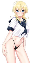 Rule 34 | 1girl, black neckerchief, black panties, black sailor collar, blonde hair, blue eyes, blush, closed mouth, cosplay, cowboy shot, groin, hair between eyes, highres, kantai collection, medium hair, navel, neckerchief, panties, sailor collar, school uniform, serafuku, simple background, solo, ta-class battleship, ta-class battleship (cosplay), tuscaloosa (kancolle), underwear, white background, yomogi dango
