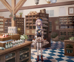 1girl blue_butterfly blue_eyes boots breasts brown_boots bug butterfly coat frilled_coat frills full_body indoors insect looking_at_viewer medium_breasts open_clothes open_coat original purple_hair round_eyewear solo standing thighhighs white_coat white_thighhighs yutsumoe