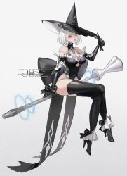 1girl 2b_(nier:automata) alternate_costume bare_shoulders black_bow black_footwear black_gloves black_hat black_leotard black_thighhighs blue_eyes bow breasts cleavage collarbone commentary covered_navel english_commentary english_text full_body gloves hand_on_headwear hat high_heels highleg highleg_leotard highres large_breasts leotard lips looking_at_viewer nier:automata nier_(series) off-shoulder_leotard parted_lips princess_ailish sitting solo thighhighs typo white_hair witch_hat