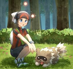 1boy :o bag beanie black_pants blush brendan_(pokemon) brown_eyes brown_hair claws commentary creatures_(company) forest game_freak gen_3_pokemon grey_eyes hands_on_own_knees hat headband highres male_focus mio14s nature nintendo open_mouth outdoors pants pokemon pokemon_(creature) pokemon_oras red_shirt shirt shoes short_hair short_sleeves shoulder_bag squatting tail tail_wagging tongue tongue_out tree white_hat zigzagoon