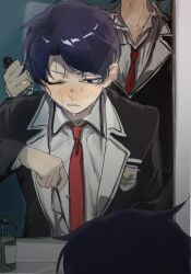 Rule 34 | 2boys, acminaasonde, black hair, black jacket, blue eyes, blue hair, chaos;child, collarbone, collared shirt, dress shirt, hekiho academy school uniform, highres, holding, holding knife, holding removed eyewear, imminent death, itou shinji (chaos;child), jacket, knife, lapels, loose necktie, mirror, miyashiro takuru, multiple boys, necktie, notched lapels, one eye closed, open clothes, open collar, open jacket, red necktie, reflection, school uniform, science adventure, shirt, short hair, spoilers, unworn eyewear, washing face, water drop, wet face, white shirt